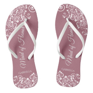 White Lace on Dusty Rose Maid of Honour Wedding Thongs