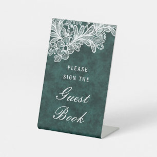 White Lace on Emerald Green Faux Velvet Guest Book Pedestal Sign