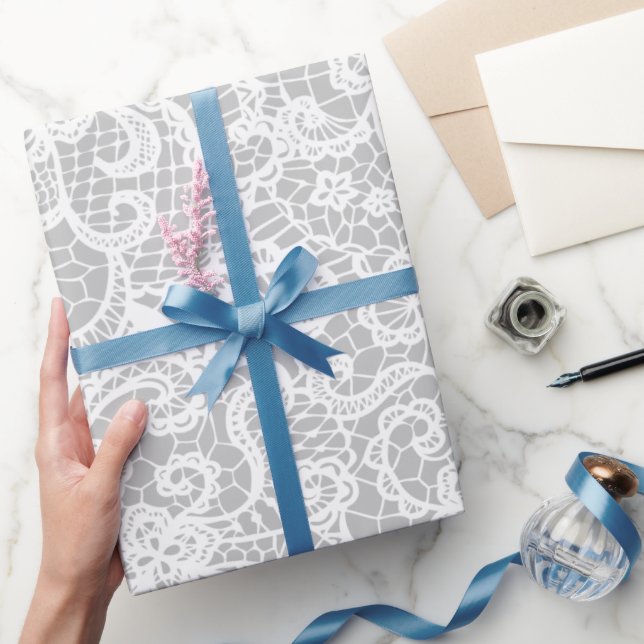 White Lace On Grey Wrapping Paper (Gifting)
