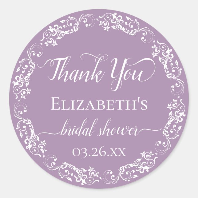White Lace on Lavender Bridal Shower Thank You Classic Round Sticker (Front)