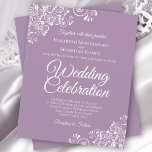 White Lace on Lavender BUDGET Wedding Invitation<br><div class="desc">These affordable, budget friendly wedding invitations are the perfect choice for class, style, and beauty on a budget. The design features white floral lace frills in the corners on a lavender, lilac, or dusty purple coloured background. The typography includes fancy script lettering for a style that is at once simple...</div>