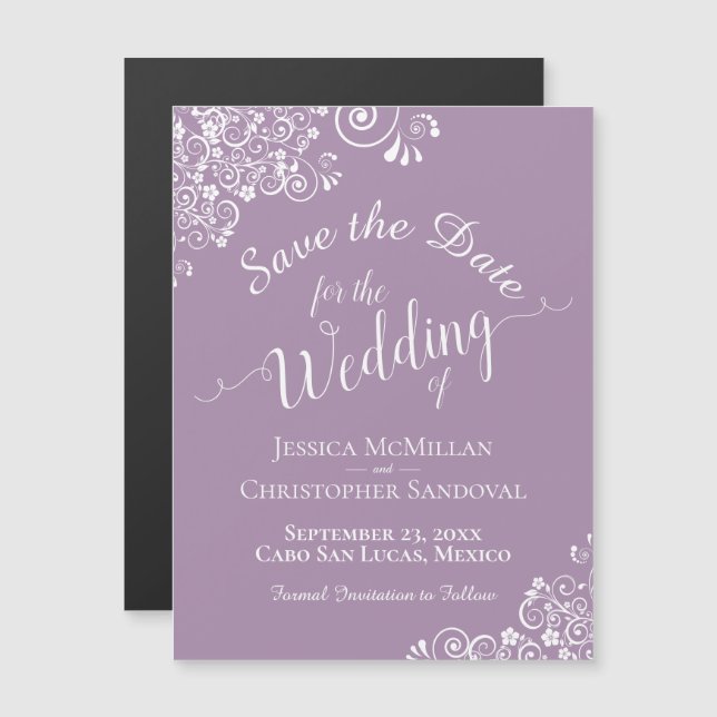 White Lace on Lavender Save the Date Magnet (Front/Back)