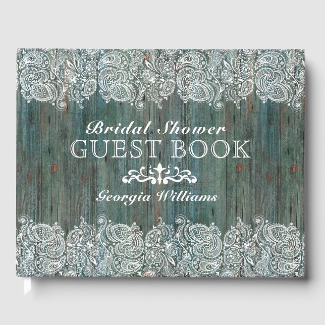 White Lace On Moss-Green Wood Texture Guest Book (Front)