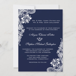 White lace on navy blue card
