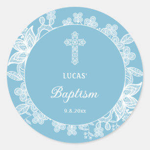 White Lace on Pastel Blue Baptism Classic Round Sticker