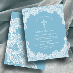 White Lace on Pastel Blue Baptism Invitation