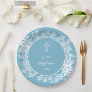 White Lace on Pastel Blue Baptism Paper Plate