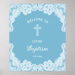 White Lace on Pastel Blue Baptism Welcome Poster