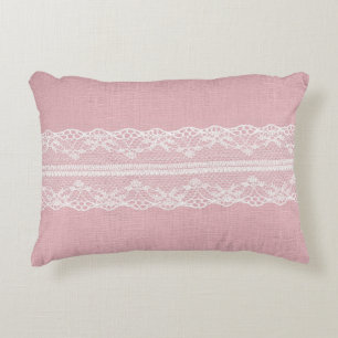 White Lace on Pastel Pink Linen Texture Decorative Cushion