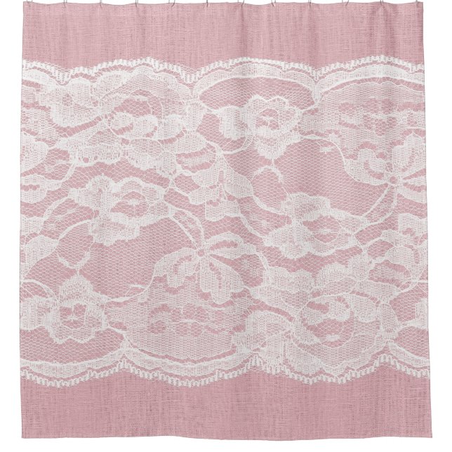 White Lace on Pastel Pink Linen Texture Shower Curtain (Front)