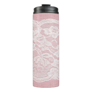 White Lace on Pastel Pink Linen Texture Thermal Tumbler