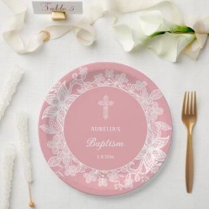 White Lace on Pink Baptism Paper Plate