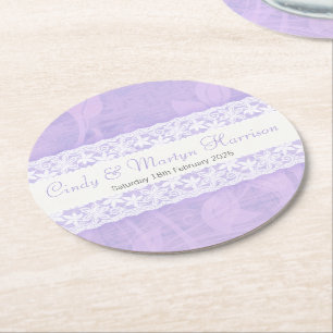White lace on purple custom wedding paper coasters