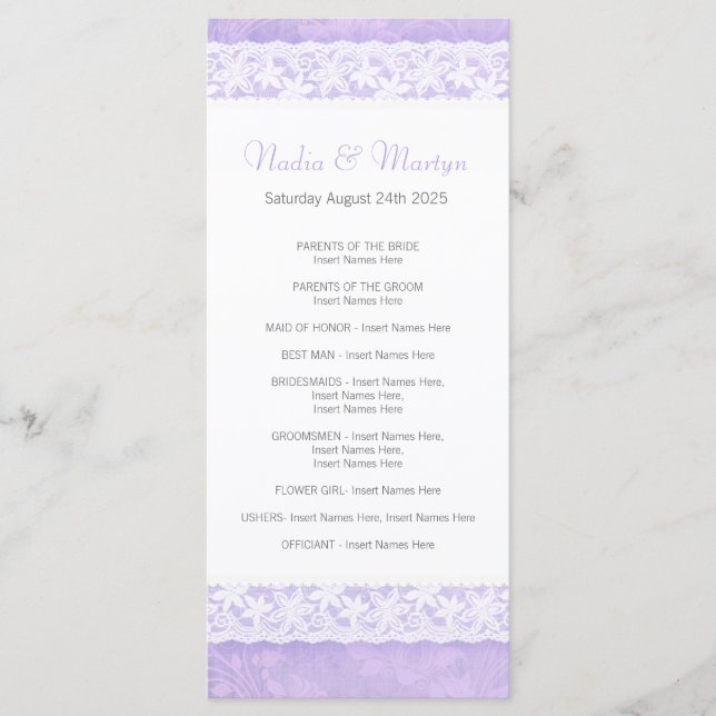 White lace on purple wedding program rack card (Front)