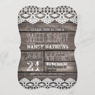White Lace on Rustic Brown Wood Sweet 16 Party Invitation