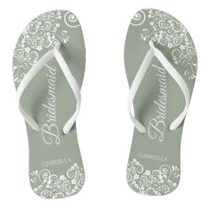 White Lace on Sage Green Bridesmaid Wedding Thongs