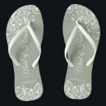 White Lace on Sage Green Maid of Honour Wedding Thongs<br><div class="desc">These beautiful wedding flip flops are a great way to thank and recognise your Maid of Honour while saving her feet at the same time. Features an elegant design with white floral lace filigree on a sage green background. The elegant script lettering reads Maid of Honour with her name below....</div>