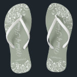 White Lace on Sage Green Maid of Honour Wedding Thongs<br><div class="desc">These beautiful wedding flip flops are a great way to thank and recognise your Maid of Honour while saving her feet at the same time. Features an elegant design with white floral lace filigree on a sage green background. The elegant script lettering reads Maid of Honour with her name below....</div>
