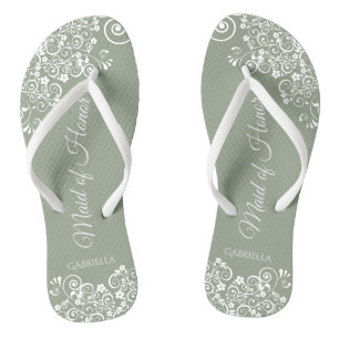 White Lace on Sage Green Maid of Honour Wedding Thongs