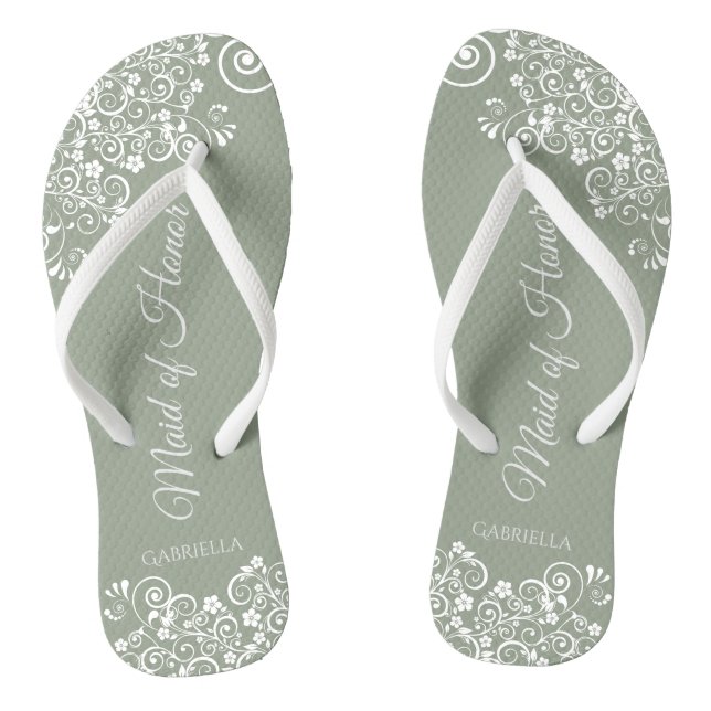 White Lace on Sage Green Maid of Honour Wedding Thongs (Footbed)
