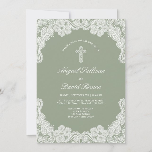 White Lace on Sage Green Wedding Invitation (Front)