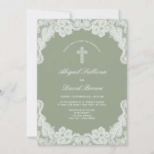 White Lace on Sage Green Wedding Invitation