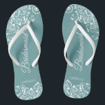 White Lace on Teal Elegant Bridesmaid Wedding Thongs<br><div class="desc">These beautiful wedding flip flops are a great way to thank and recognise your bridesmaids while saving their feet at the same time. Features a simple yet elegant design with white floral lace filigree on a teal background. The elegant script lettering reads Bridesmaid with her name below. Great way to...</div>