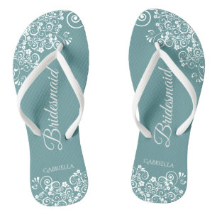 White Lace on Teal Elegant Bridesmaid Wedding Thongs