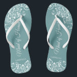 White Lace on Teal Elegant Maid of Honour Wedding Thongs<br><div class="desc">These beautiful wedding flip flops are a great way to thank and recognise your Maid of Honour while saving her feet at the same time. Features an elegant design with white floral lace filigree on a teal or turquoise coloured background. The elegant script lettering reads Maid of Honour with her...</div>