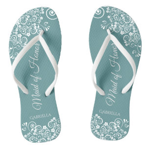 White Lace on Teal Elegant Maid of Honour Wedding Thongs