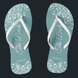 White Lace on Teal Simple Elegant Bride's Wedding Thongs<br><div class="desc">Dance the night away with these beautiful wedding flip flops. Designed for the bride, they feature a simple yet elegant design with fancy script lettering on a teal background and white lace curls and swirls. Beautiful way to stay fancy and appropriate while giving your feet a break after a long...</div>