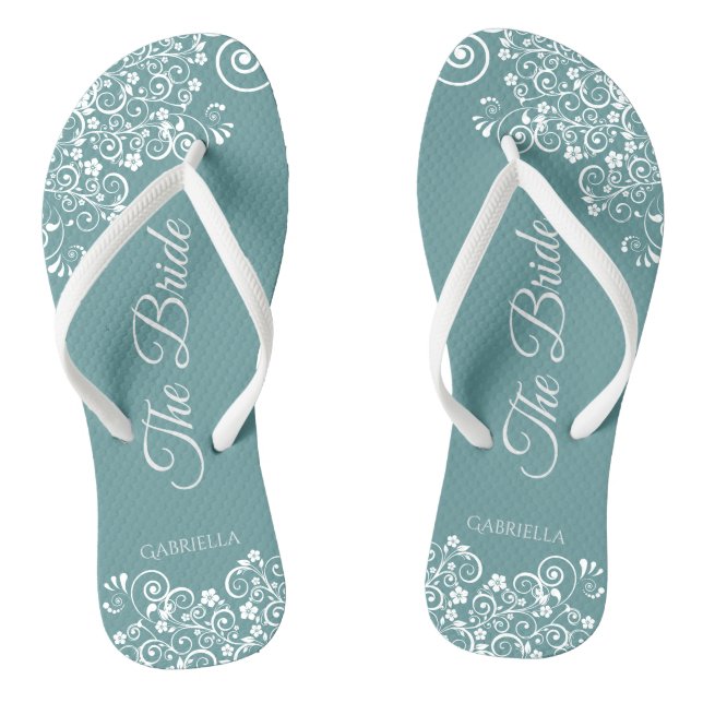 White Lace on Teal Simple Elegant Bride's Wedding Thongs (Footbed)