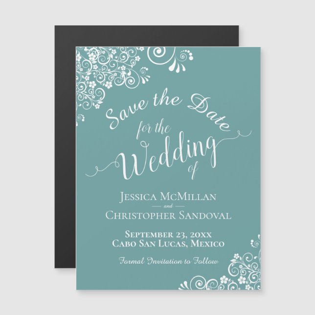 White Lace on Teal Wedding Save the Date Magnet (Front/Back)