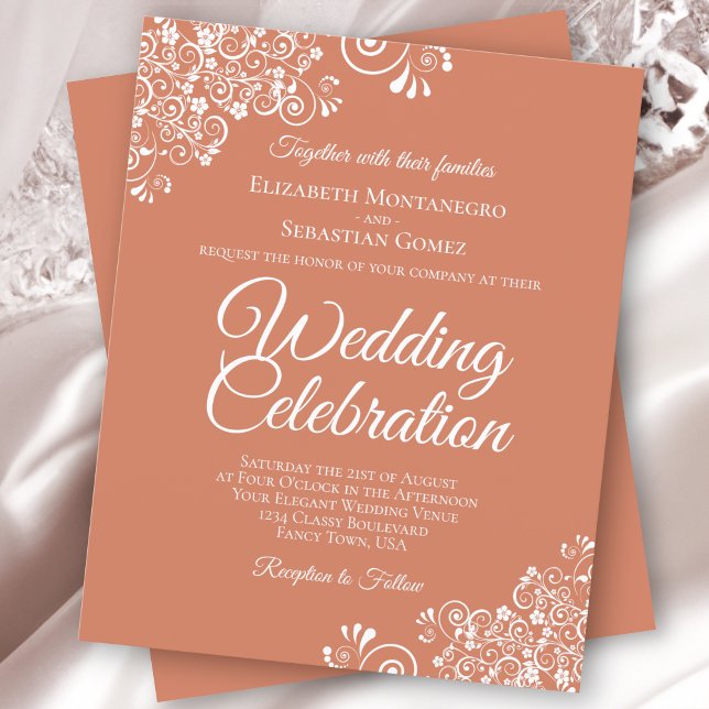 White Lace on Terracotta Budget Wedding Invitation (Creator Uploaded)