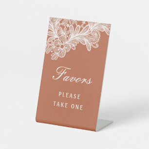 White Lace on Terracotta Favours Pedestal Sign