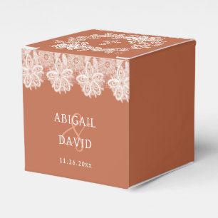 White Lace on Terracotta Religious Wedding Cube Favour Box