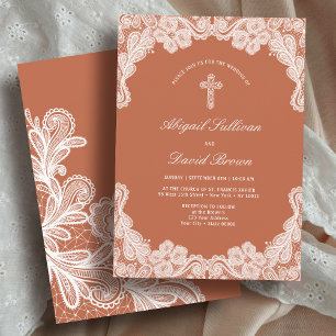 White Lace on Terracotta Religious Wedding Invitation