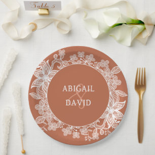 White Lace on Terracotta Wedding Paper Plate