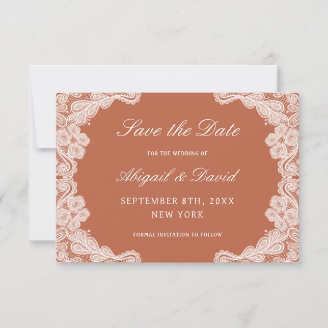 White Lace on Terracotta Wedding Save The Date (Front)