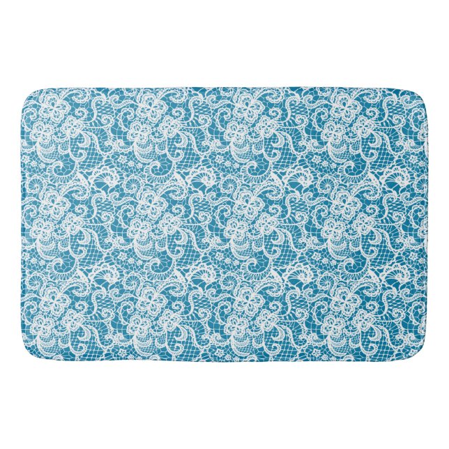 White Lace on Turquoise Bath Mat (Front)