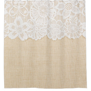 White lace over fabric design. shower curtain