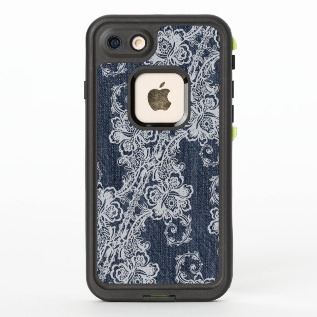 White Lace Over Worn Blue Denim LifeProof iPhone Case (Back)