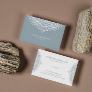 White Lace Paisley Mandala On Blue-Grey Business Card
