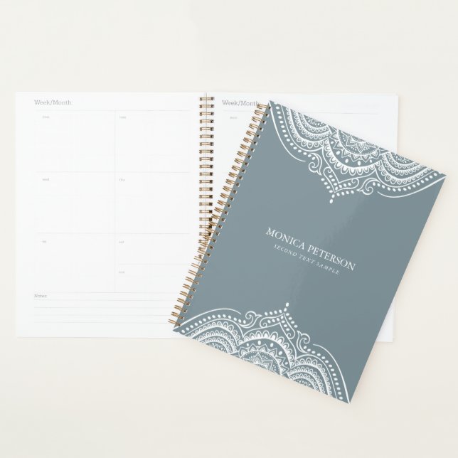 White Lace Paisley Mandala On Blue-Grey Planner (Display)