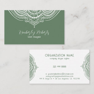 White Lace Paisley Mandala on Olive Green Business Business Card