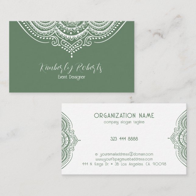 White Lace Paisley Mandala on Olive Green Business Card (Front/Back)