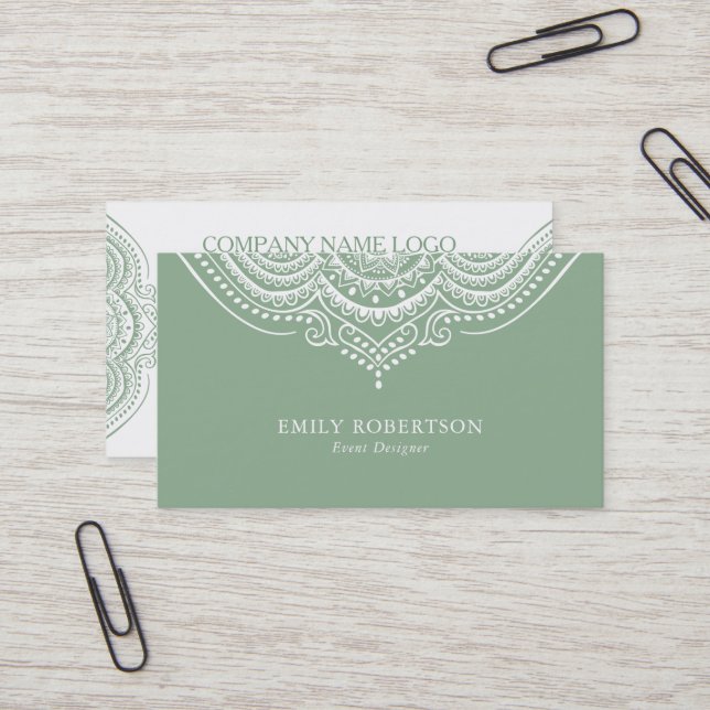 White Lace Paisley Mandala On Sage Green Business Card (Front/Back In Situ)