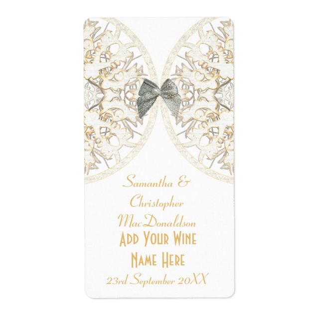 White lace papercut damask wedding wine bottle (Front)