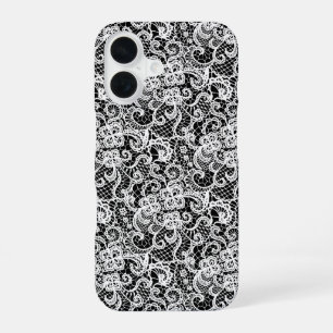 White Lace Pattern On Black iPhone 16 Case