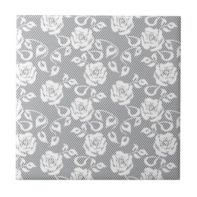 White lace pattern on grey background ceramic tile (Front)